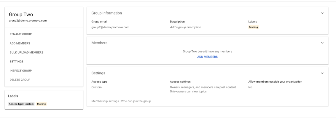 Detailed view of a group in the Google Admin Console