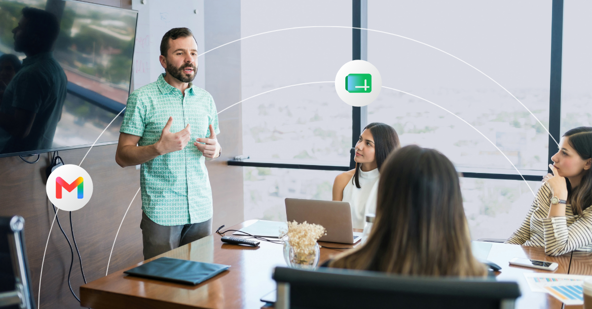 Coworkers listen to a presentation in a modern conference room 