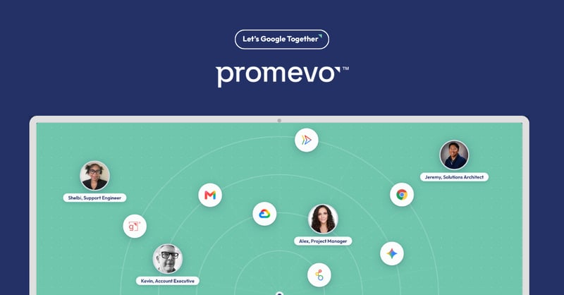 Half of a laptop displaying different members of the Promevo team