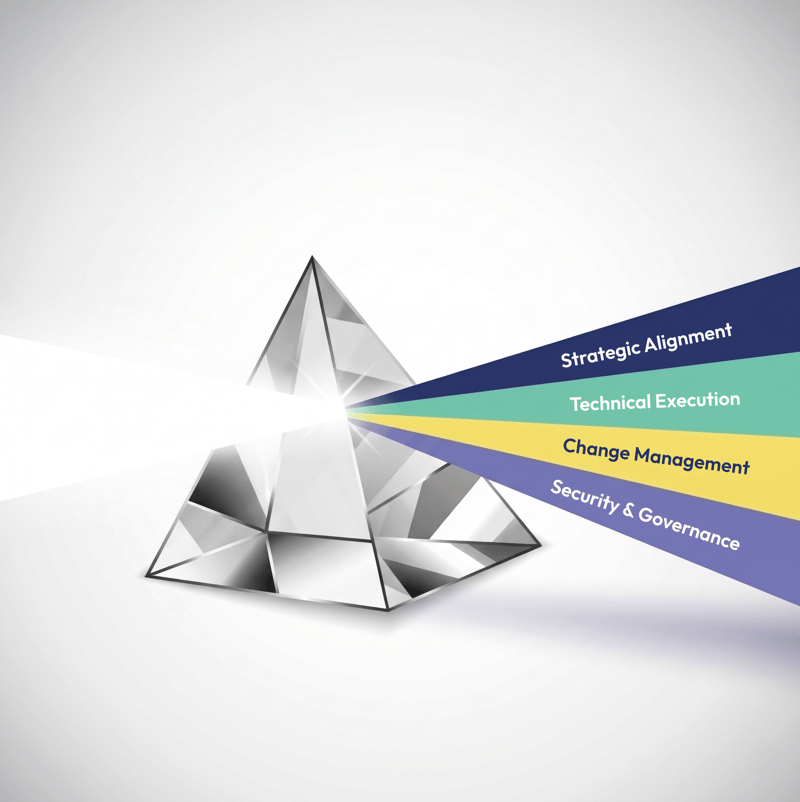 A graphic depicting the Promevo Prism methodology with the four pillars of digital transformation