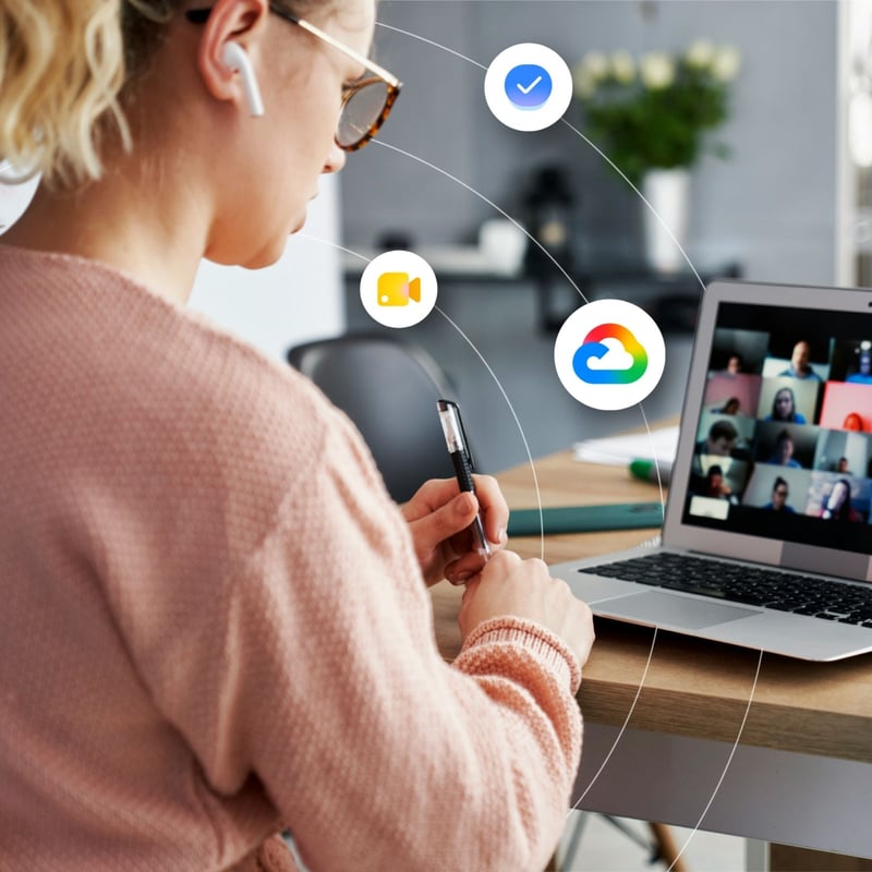 A professional woman watches a webinar on her laptop