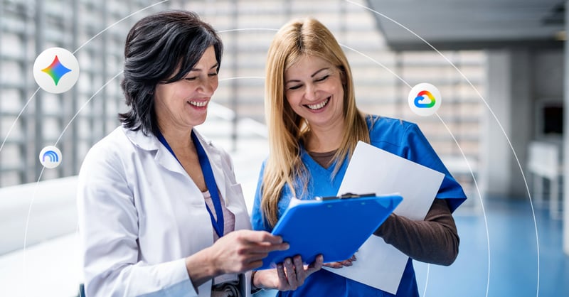 A doctor and nurse review a file together
