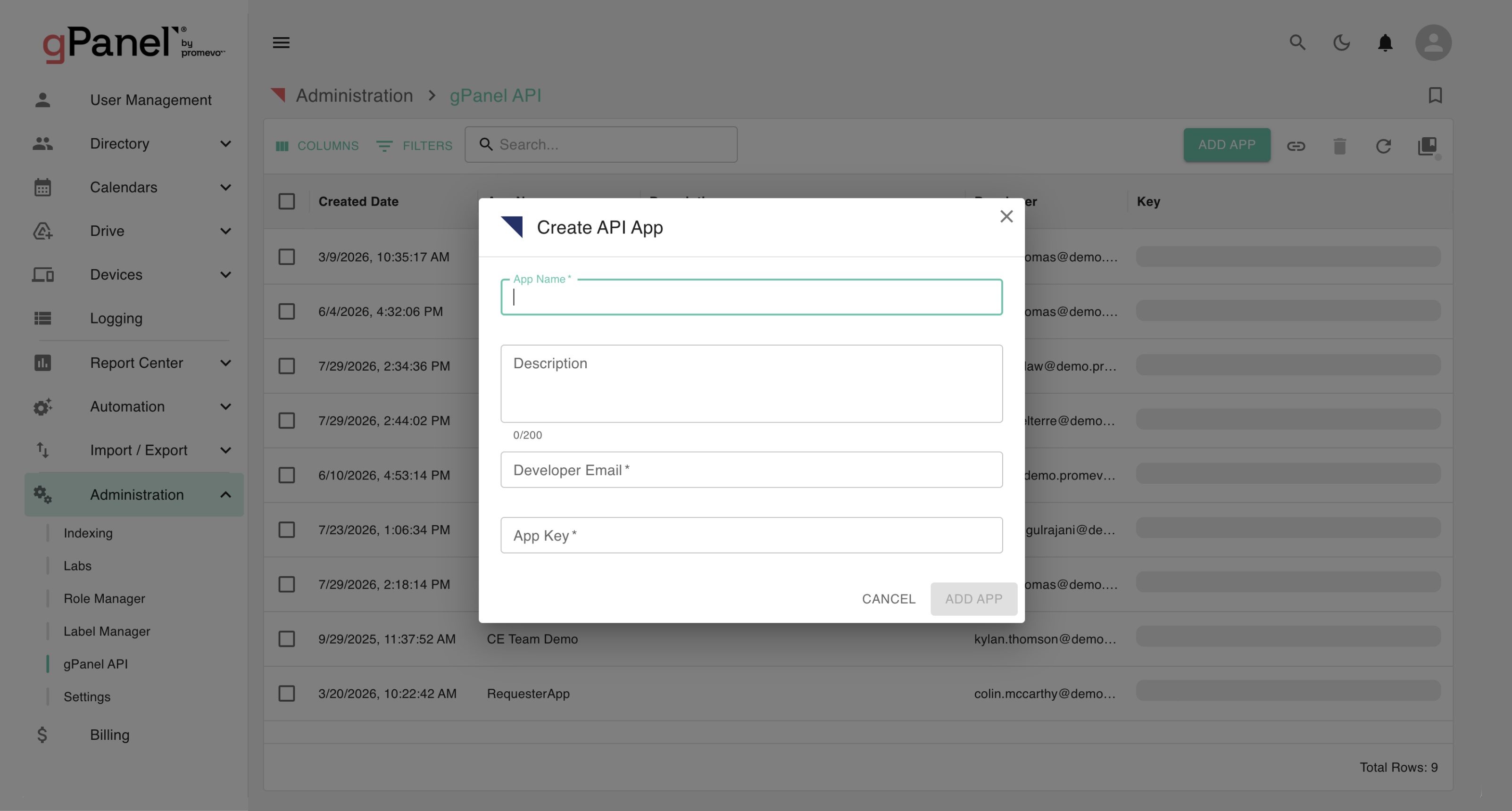 gPanel API & Integrations Screenshot Promevo v2