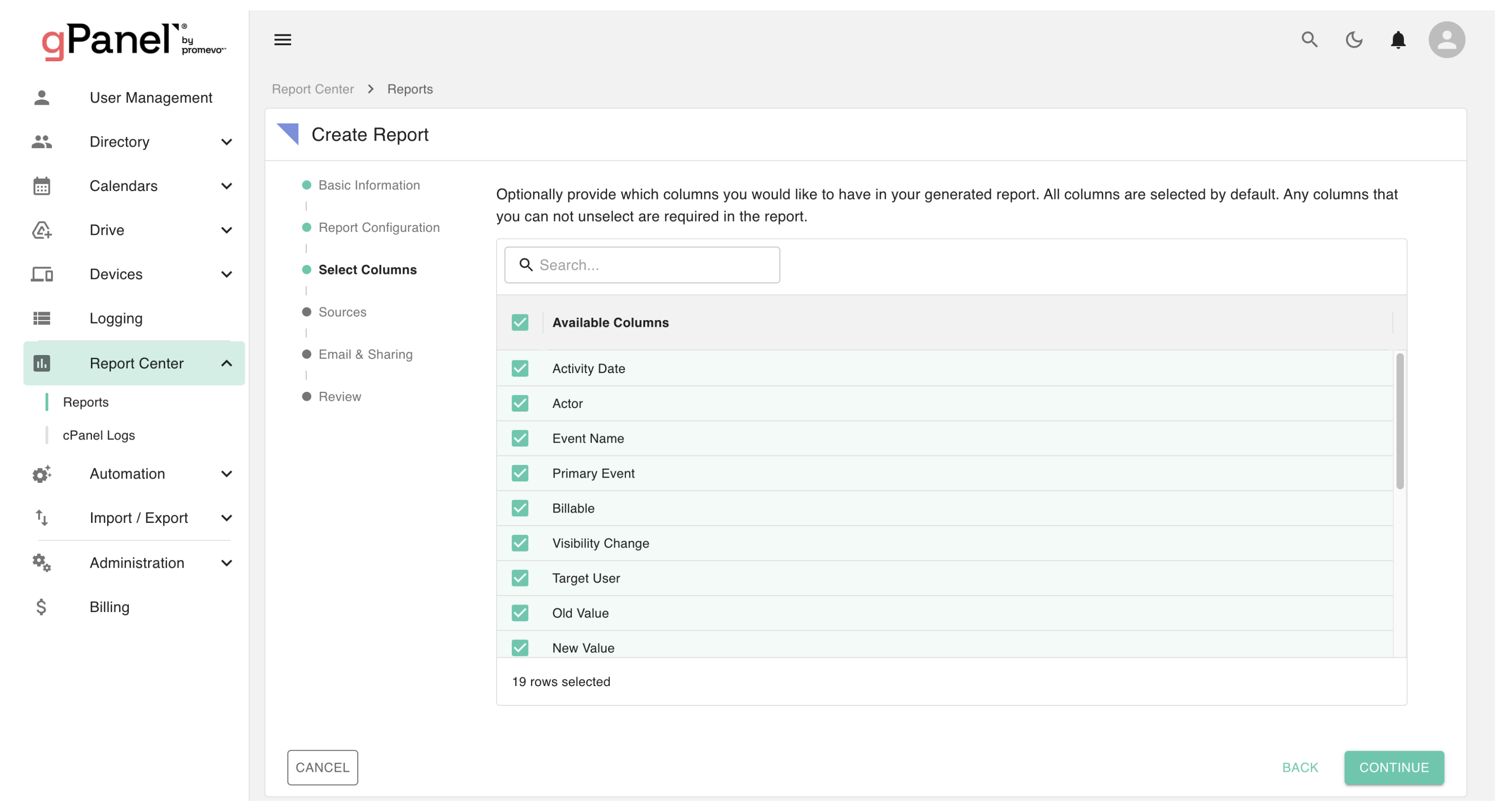 gPanel Reporting & Activity Logs Screenshot Promevo