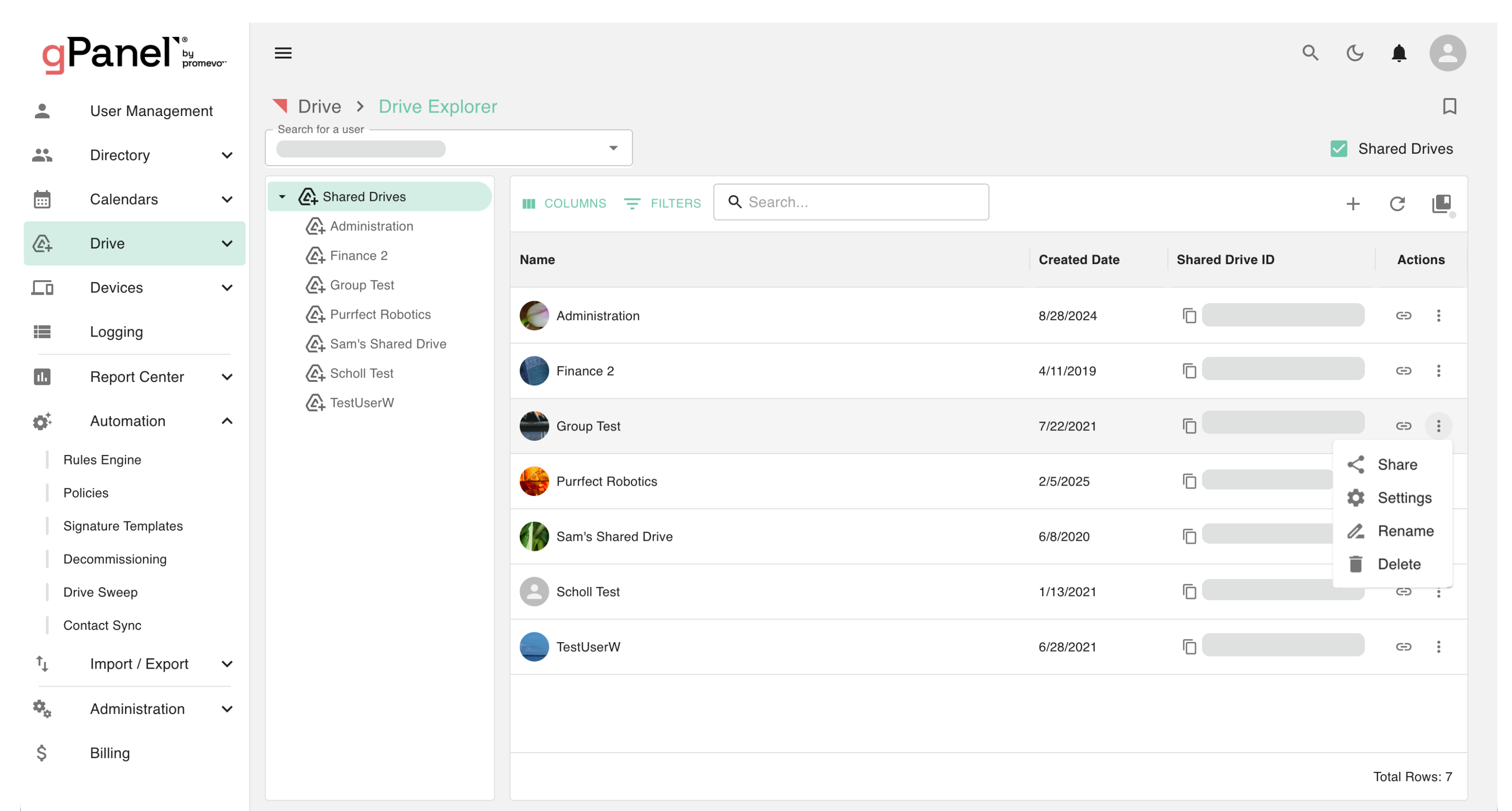 gPanel Workspace App Workspace App Management drive screen