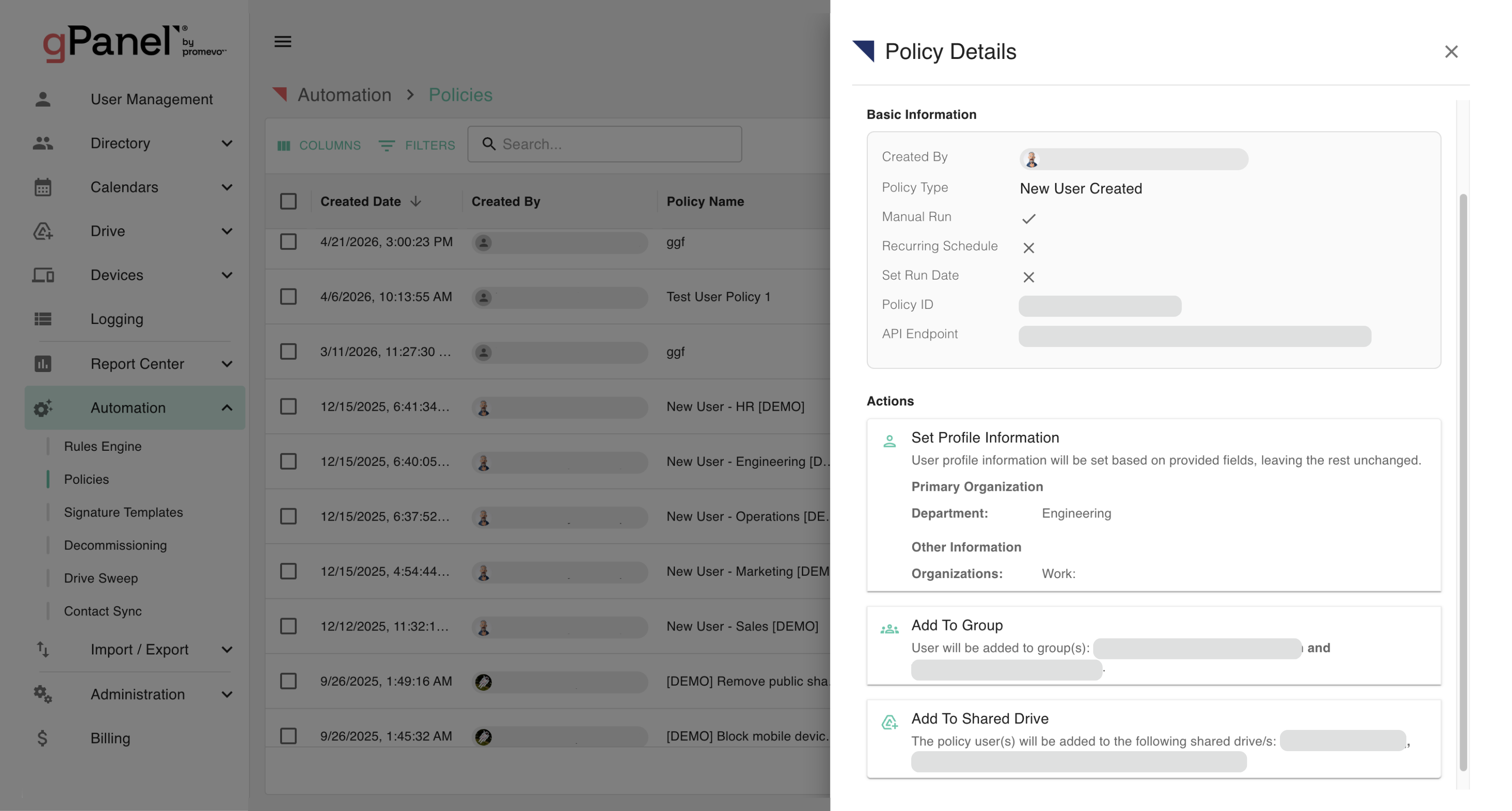 gPanel Workspace Automation Screenshot Promevo